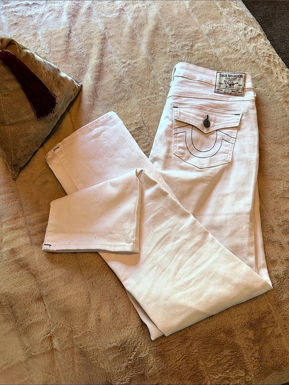 True Religion Billie Mid Rise Straight Jeans White Waist 28 blue stitching